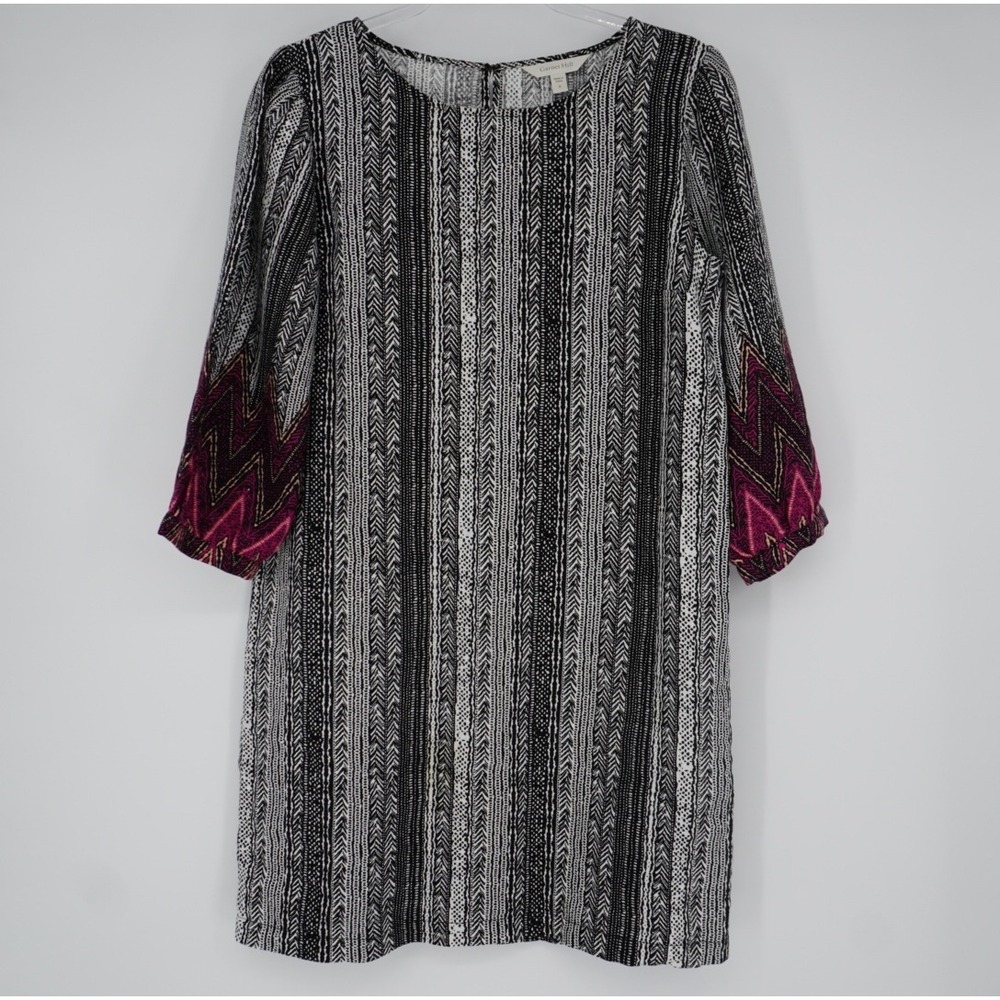 Garnet Hill 100% Linen Shift Dress Black White Geometric Magenta Sleeves Small